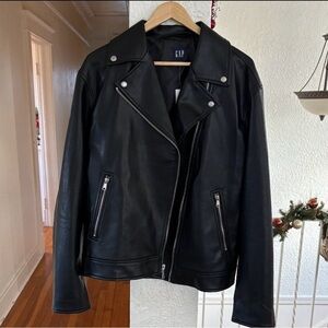 NWT GAP Women's Classic Black Vegan Leather Moto Jacket Sz M Tall